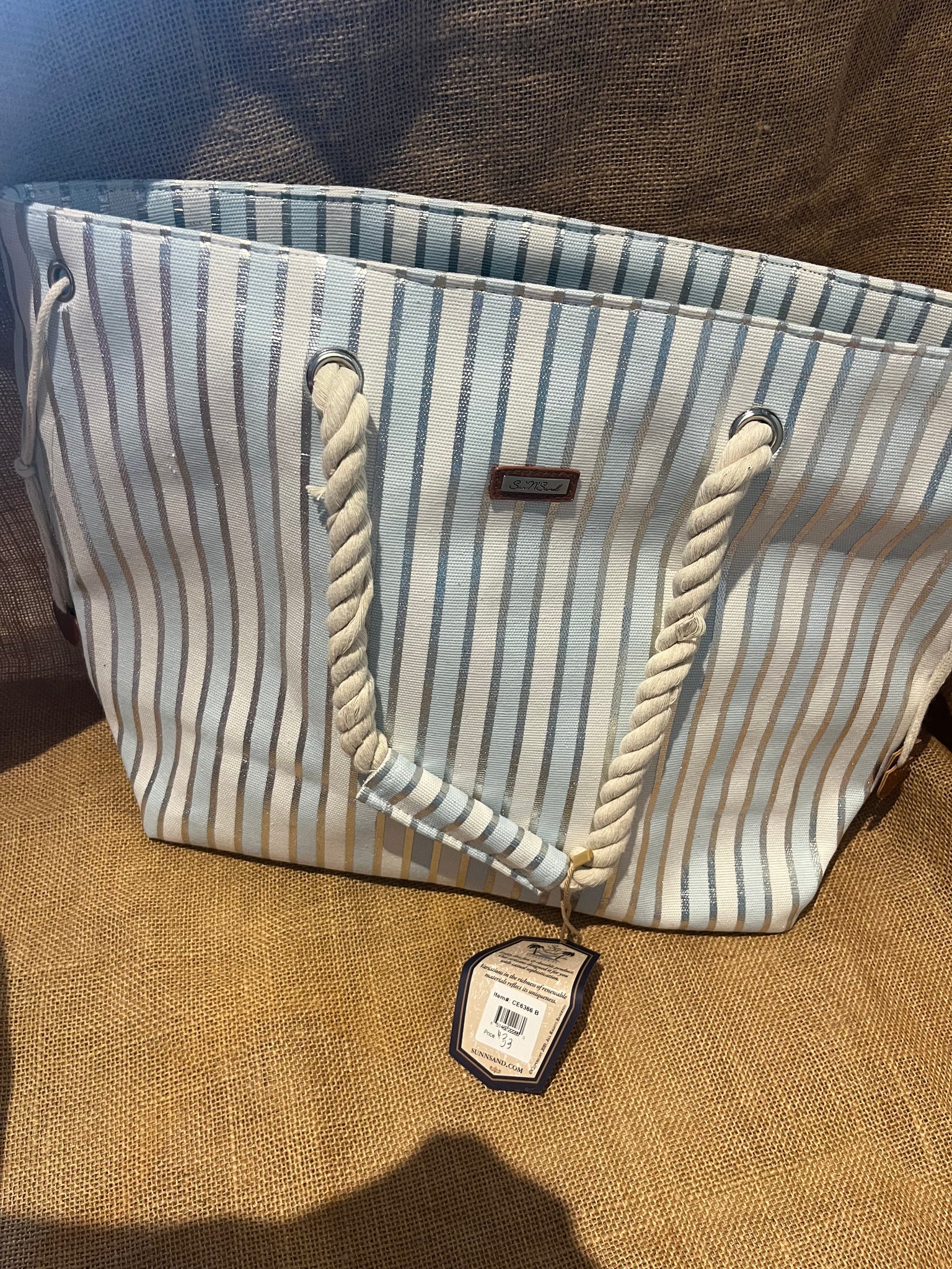 Light Blue White Silver Striped Tote