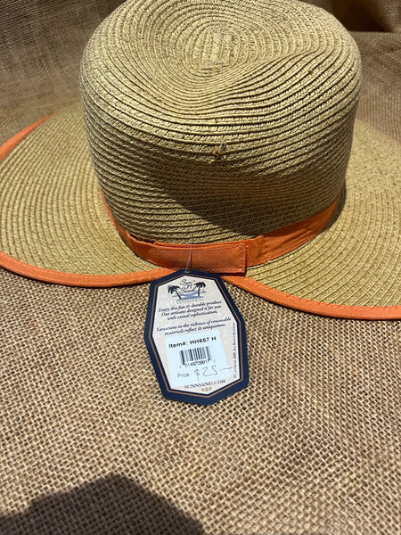 Straw hat with orange trim and ponytail slit