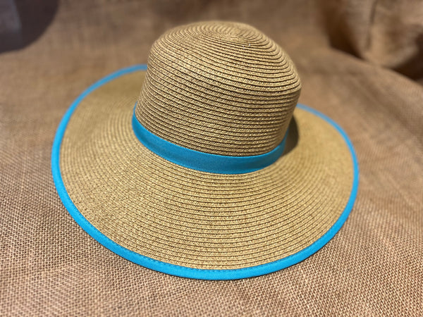 Straw hat with aqua trim and ponytail slit