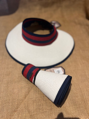 White rollup hat with red & blue stripe