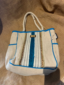 Canvas Striped Summer Tote- Aqua