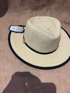 Natural straw hat with wood bead and black trim