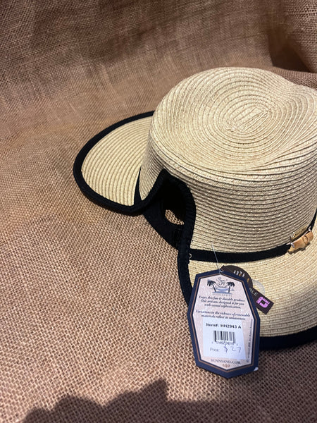 Natural straw hat with wood bead and black trim