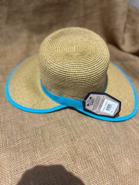 Straw hat with aqua trim and ponytail slit