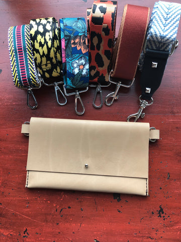 Tan hand stitched leather purse w/brown stitching (strap sold separately)